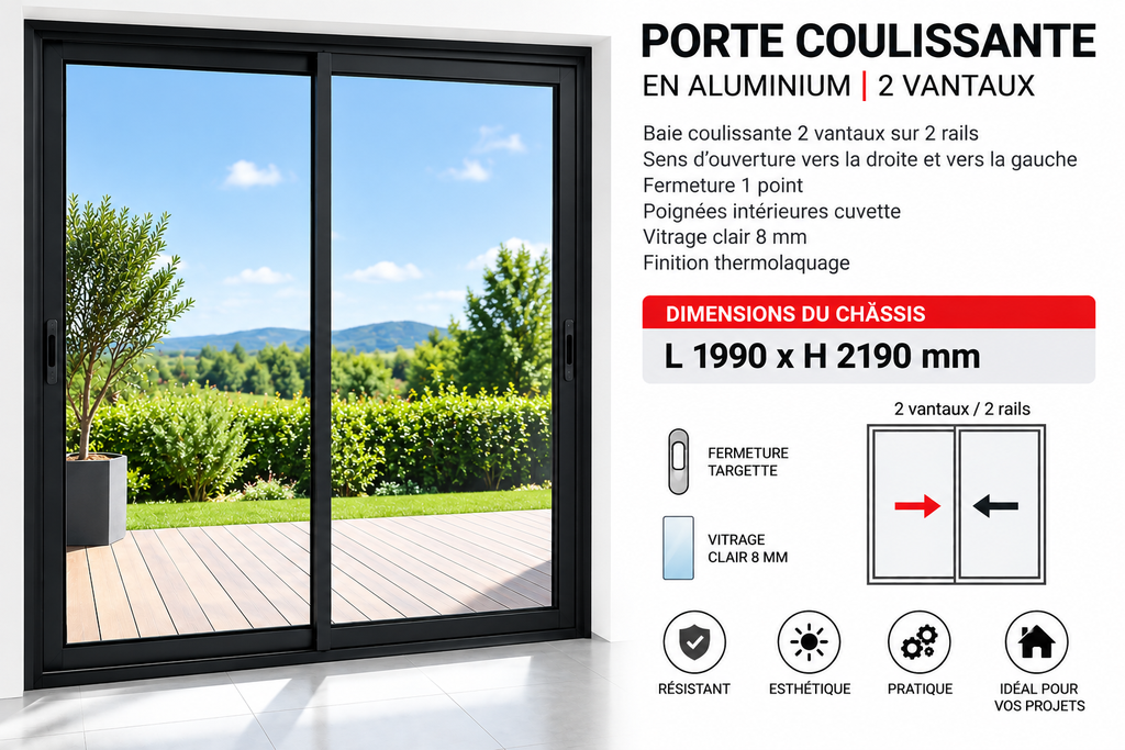 Porte coulissante en aluminium 2 vantaux noir 1990 x 2190mm