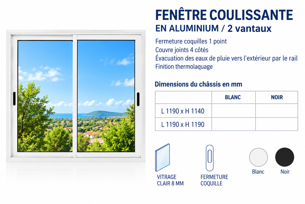 Fenêtre coulissante 2 vantaux aluminium blanc 1190 x 1140mm