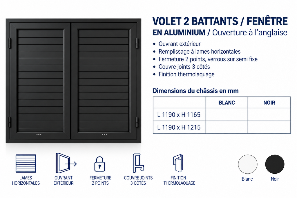 Volet 2 battants fenêtre aluminium noir 1190 x 1165mm