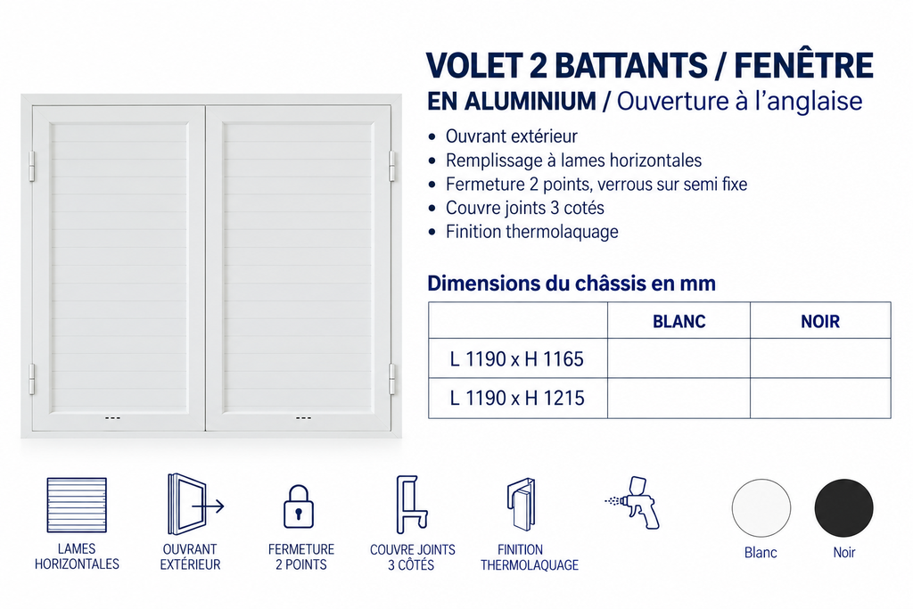 Volet 2 battants fenêtre aluminium blanc 1190 x 1165mm
