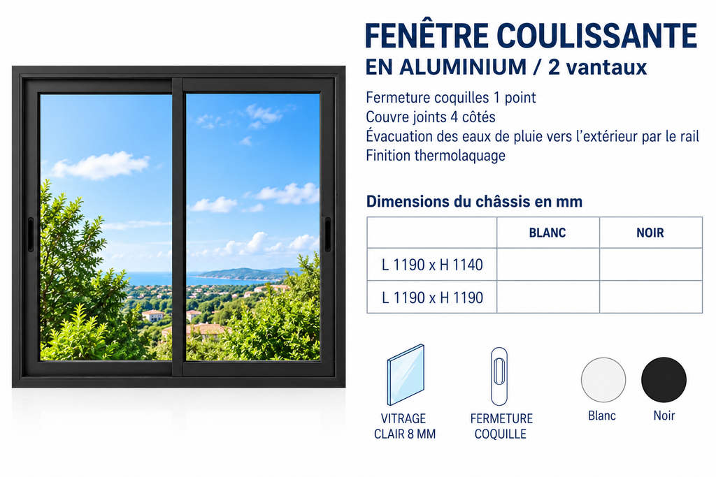 Fenêtre coulissante 2 vantaux aluminium noir 1190 x 1140mm