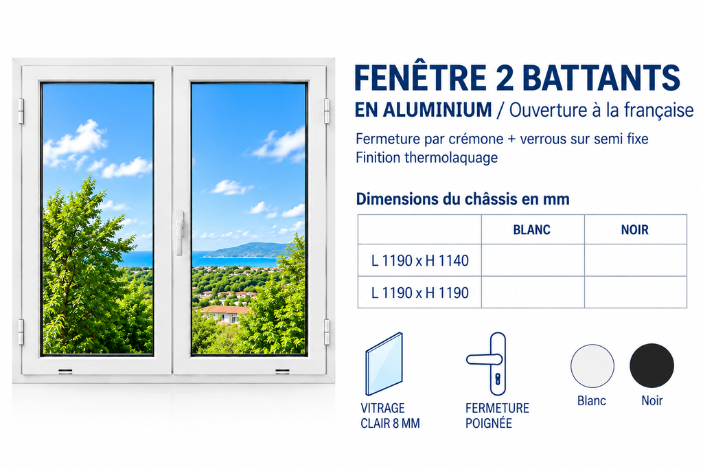 Fenêtre 2 battants ouverture à la française en aluminium blanc 1190 x 1140mm