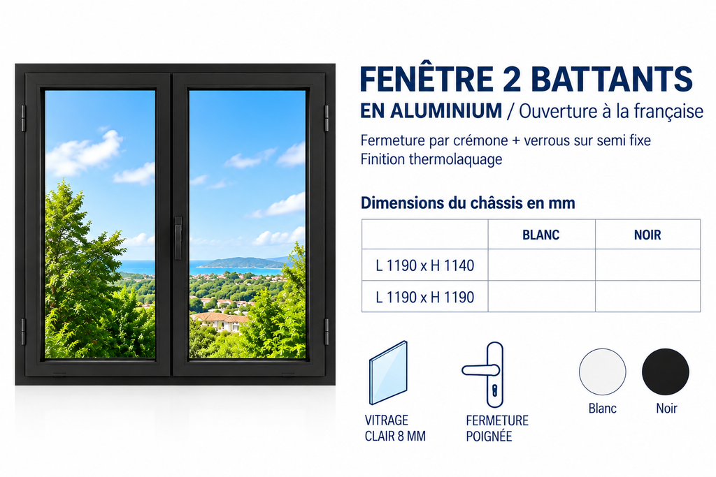 Fenêtre 2 battants ouverture à la française en aluminium noir 1190 x 1140mm
