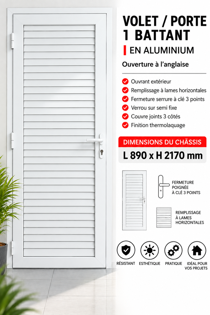 Volet 1 battant porte en aluminium ouverture à l'anglaise blanc 890 x 2170mm