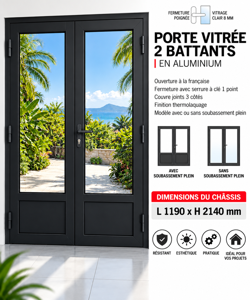 [B1261003] Porte vitrée 2 battant en aluminium noir ouverture à la française 1190 x 2140mm