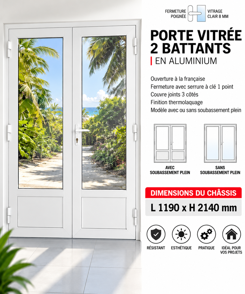 [B1261002] Porte vitrée 2 battant en aluminium blanc ouverture à la française 1190 x 2140mm