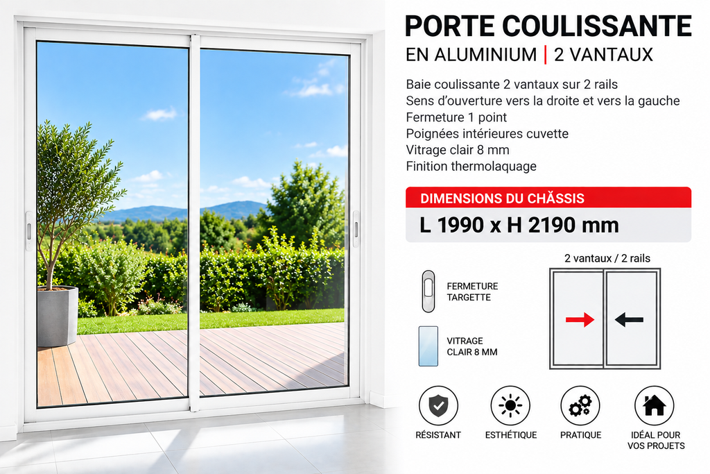 [B1260997] Porte coulissante en aluminium 2 vantaux blanc 1990 x 2190mm