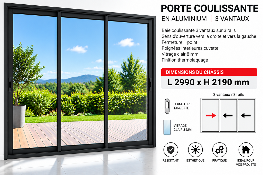 Porte coulissante en aluminium 3 vantaux noir 2990 x 2190