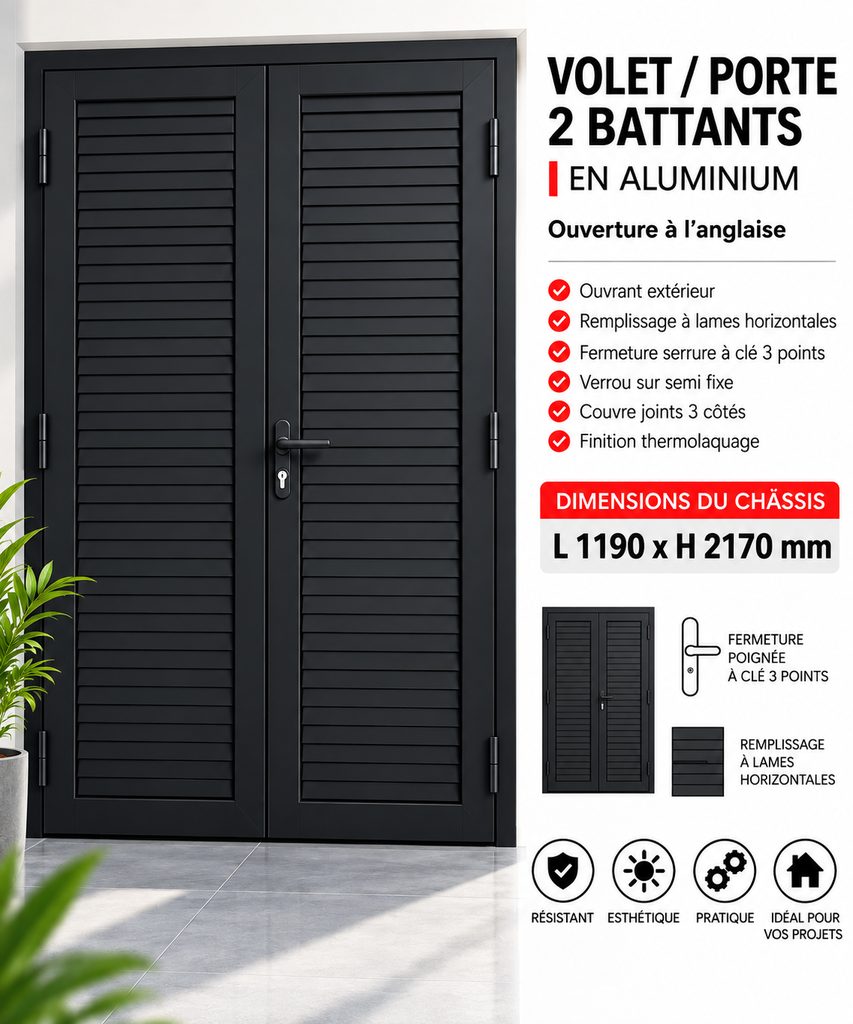 Volet 2 battant porte en aluminium ouverture à l'anglaise noir 1190 x 2170mm